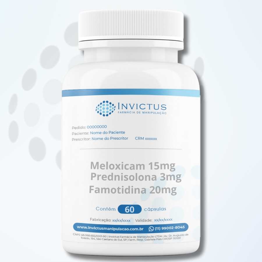 Cápsulas de Meloxicam 15mg, Prednisolona Base 3mg e Famotidina 20mg - 60 Cápsulas