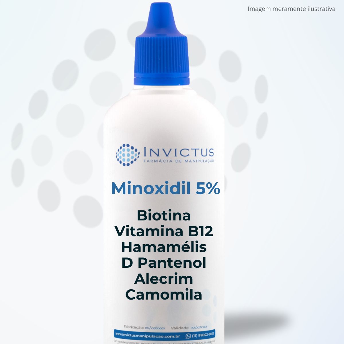 Fórmula capilar fortificante com Minoxidil 5%, Biotina, Vitamina B12 e extratos de Hamamélis, Alecrim e Camomila, projetada para estimular o crescimento e combater a queda capilar