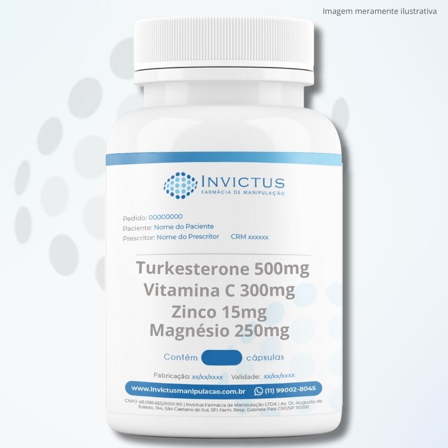 Turkesterone 500 mg Vitamina C 300 mg Zinco 15 mg Magnésio 250 mg