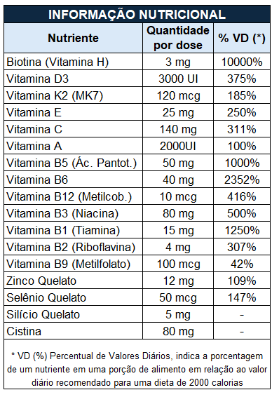 Multivitaminico capilar rico em biotina silicio e vitaminas que fortacelem cabelos e unhas